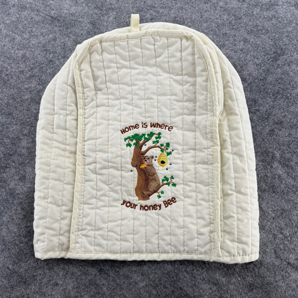 Toaster Cover OS Cream Quilted 17"x 14" Embroidered Bear Honey Bee Vintage